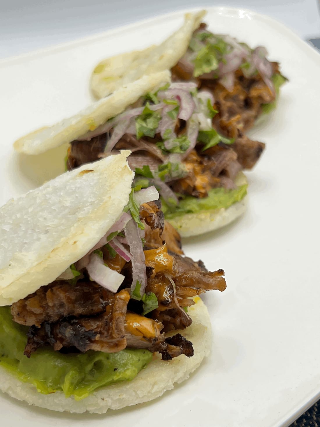 Pulled beef with pickled onion and herbs served in fried corn pockets