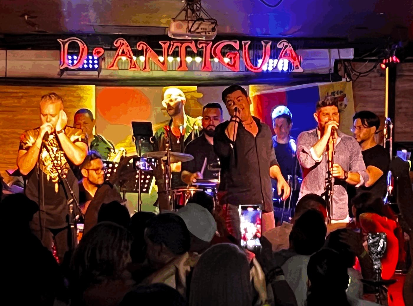 A live band performing on the D'Antigua stage